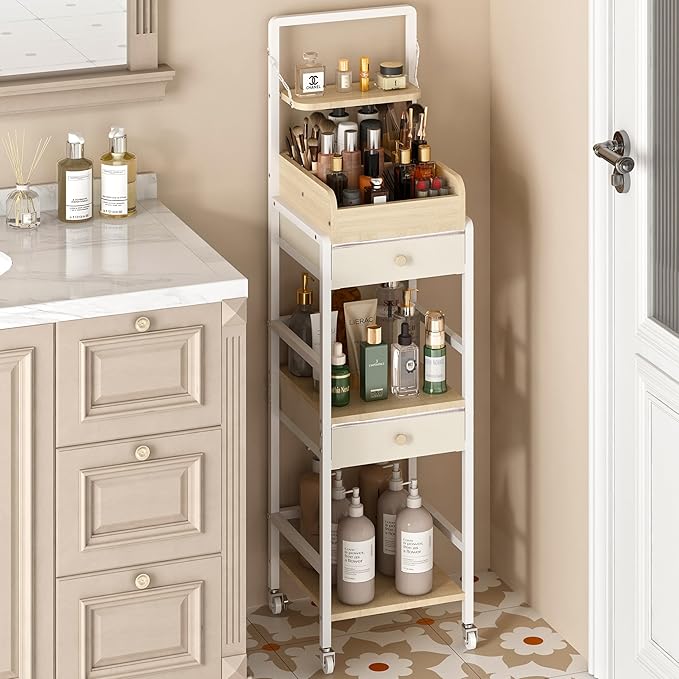 Wisdom Star Makeup Organizer Cart with 2 Drawers, Floor Skincare Organizers, Makeup Storage, Vanity Organizer, Cosmetics Display, Versatile Skin care Perfume Nail Polish Storage Rack for Bathroom-FemmiqueWomen