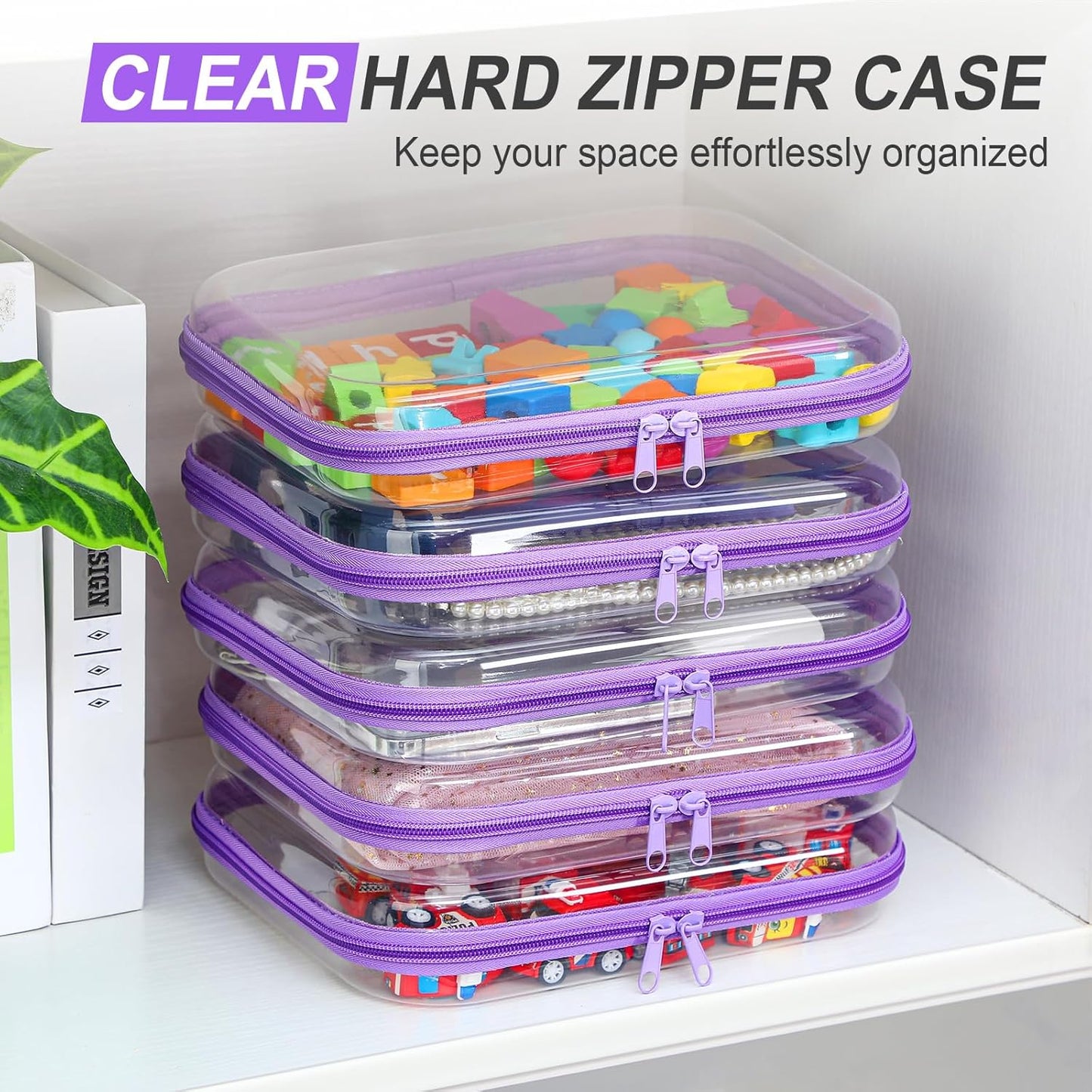 Sanwuta 6 Pcs Clear Hard Zipper Case Pencil Pouches Hard Plastic Zipper Pouches Makeup Bag Transparent Cases for Snacks Plastic Storage Organizer Box for Travel(Purple,9.84 x 7.87 x 2 Inch)-FemmiqueWomen