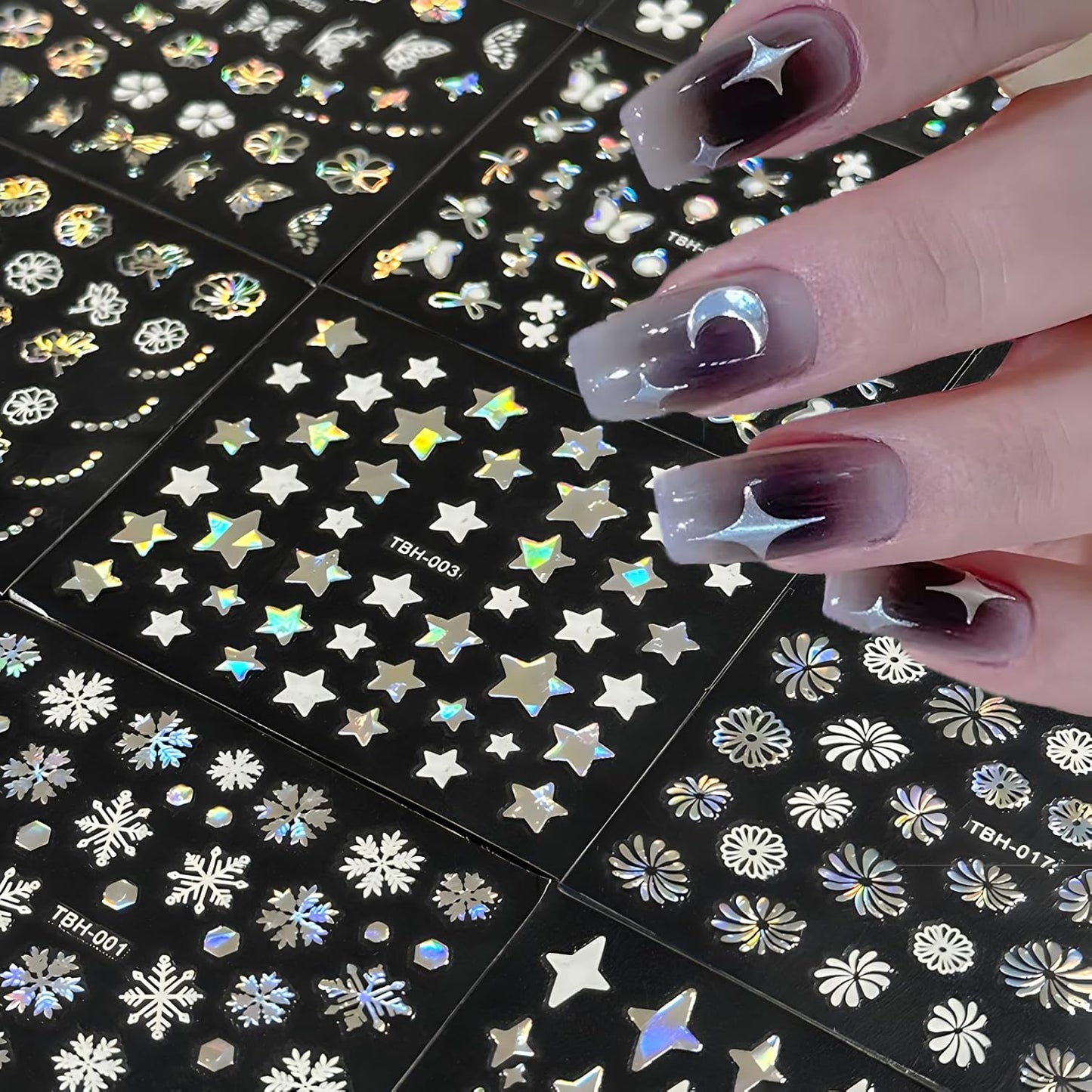 30 Sheets Aurora Nail Art Stickers Decals 3D Self Adhesive Flower Nail Stickers Aurora Moon Star Nail Decals for Nail Art Leaf Heart Nail Design for DIY Acrylic Nails Decoration Accessories for Women-FemmiqueWomen