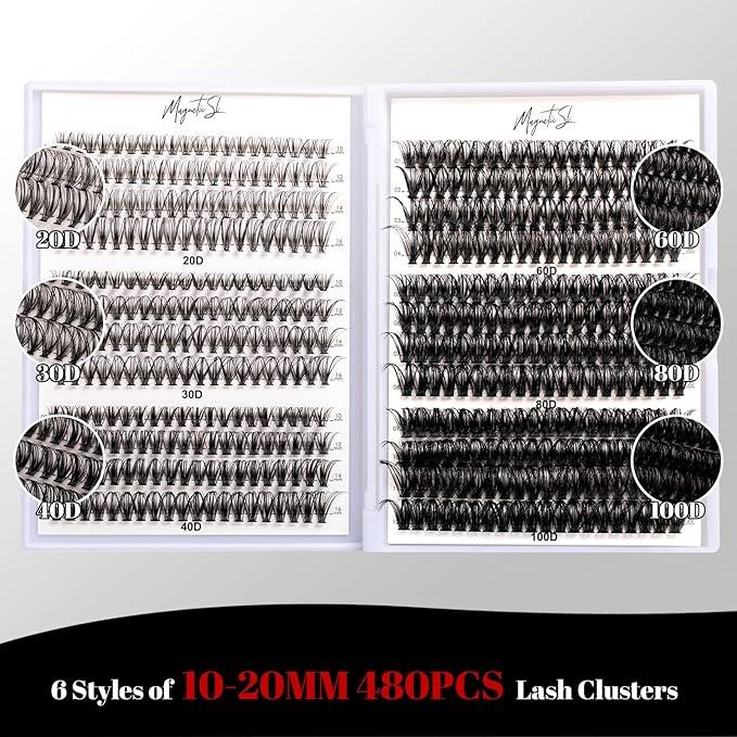 Lash Clusters 480 Clusters D Curl 10-20mm False Eyelash 60D 80D 100D Thick Eyelash Extension 20D 30D 40D Individual Eyelashes Multi-Style DIY Lash Extensions for Beginners(20D-100D-D, 10-20MIX)-FemmiqueWomen