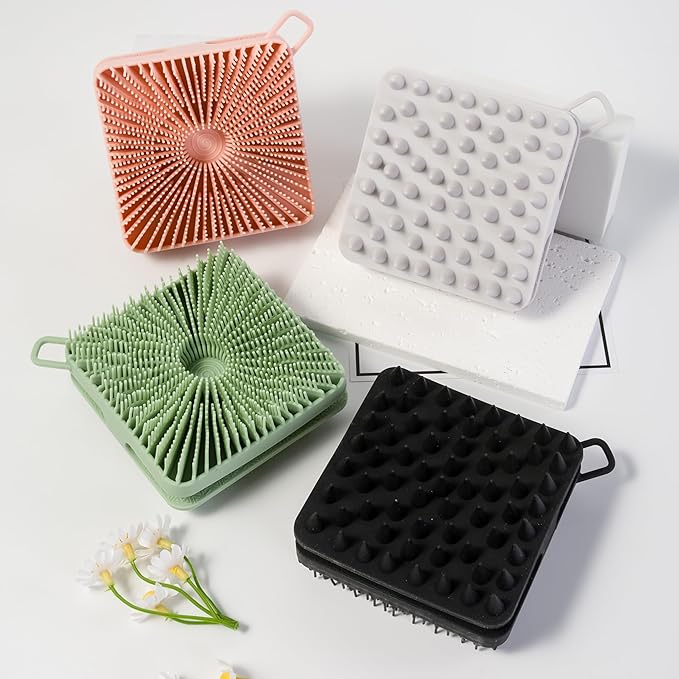 2 PC Silicone Exfoliating Body Scrubber, Silicone Body Shampoo Brush, Soft Silicone Loofah for Sensitive Skin, Shower Silicone Hair Scalp Massager, Easy to Clean, Lather Well(Black&Green)-FemmiqueWomen