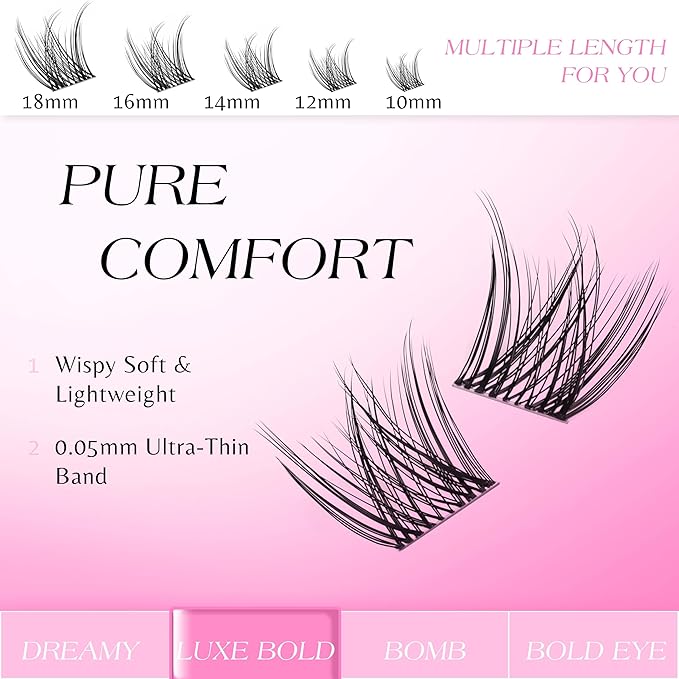 VEYESBEAUTY Lash Clusters Individual Eyelash Extensions Thin & Invisible Band DIY False Eyelashes for Self-application Newbie's Five-Second Series Wispy Lash Tray, LuxeBold 16mm Single Length-FemmiqueWomen