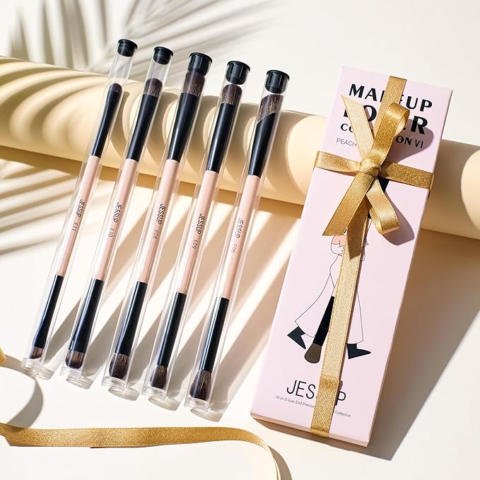 Jessup Makeup Brushes 5pcs Double Ended Eyeshadow Brush Contour Blending Eyeliner Eye Shader Brush, Vegan Fiber Precision Eye Brush Set Peach Dust T509-FemmiqueWomen