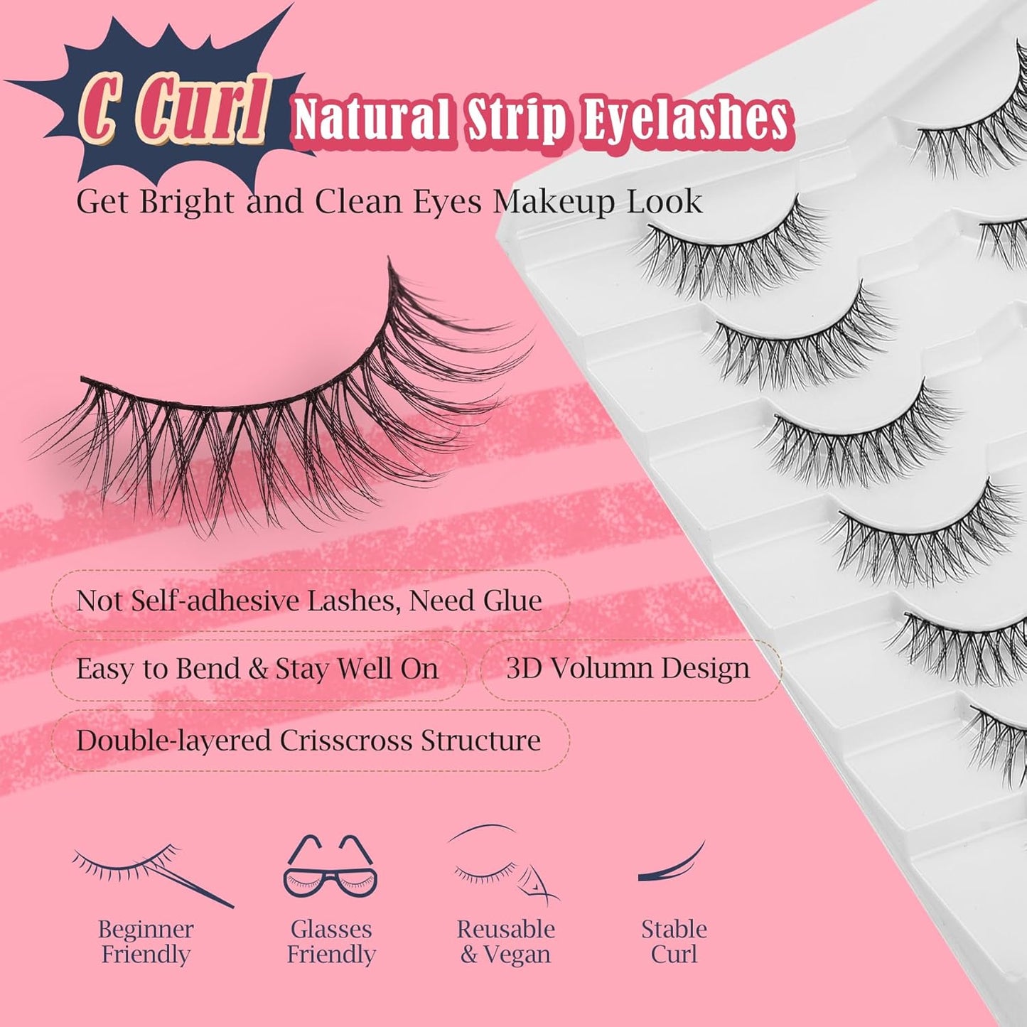 Natural Looking Eyelashes Wispy Lashes Short Strip Lashes False Eyelashes 10mm Eye Lashes Pack 3D Volume Eyelashes Siligli Lashes 7 Pair-FemmiqueWomen