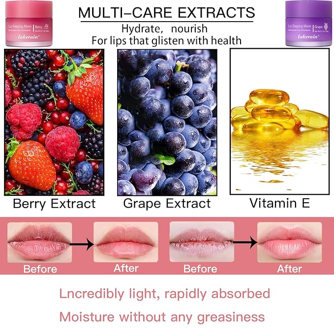 2PCS Lip Sleeping Mask, Lip Mask Overnight, Moisture & Lip Plumper Lip Wrinkles, Repair Lip Balm Prevention Dry and Cracked Lip Scrubs Exfoliato Smoothing Dry Lip Mask (Berry + Grape)-FemmiqueWomen