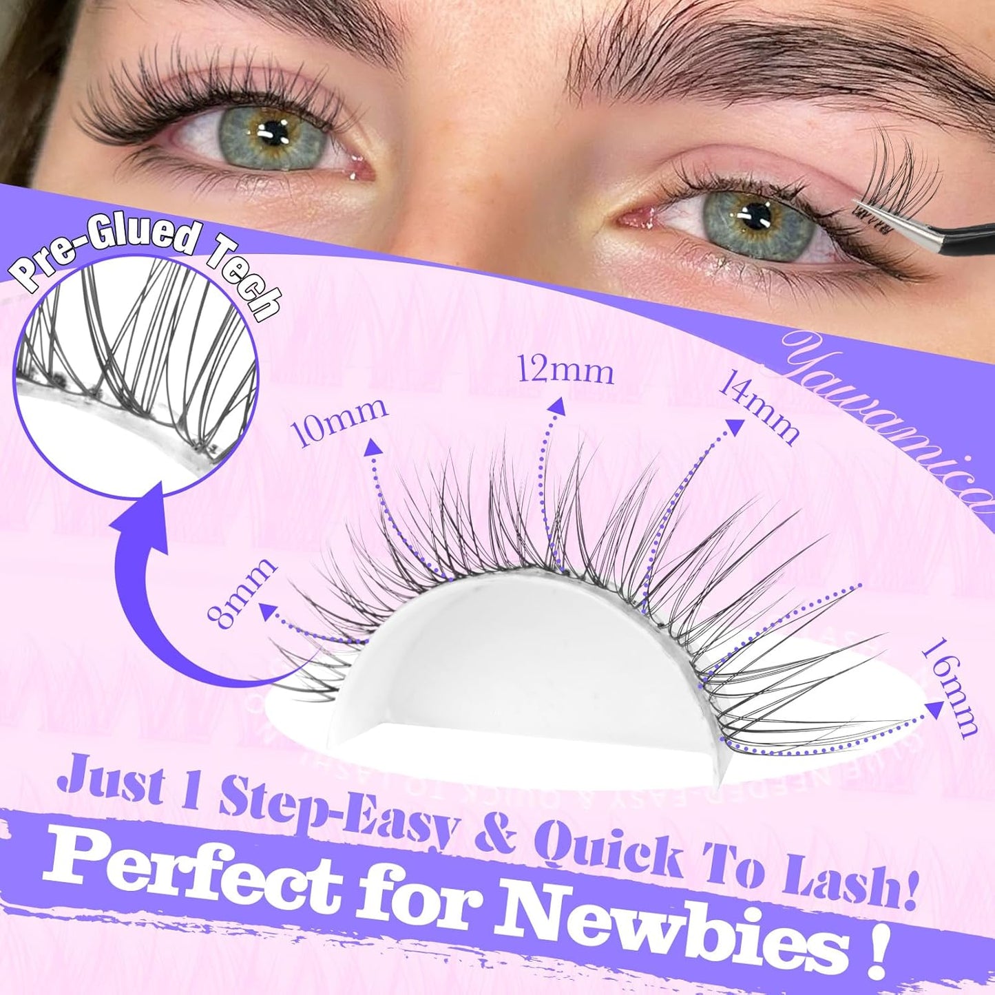 Yawamica Natural Self Adhesive Lash Clusters 10-16mm Reusable Press On Lashes No Glue Needed Eyelash Clusters Invisible Clear Band Pre Glued Cluster Lashes for Effortless Salon Eyelash Extension Look-FemmiqueWomen