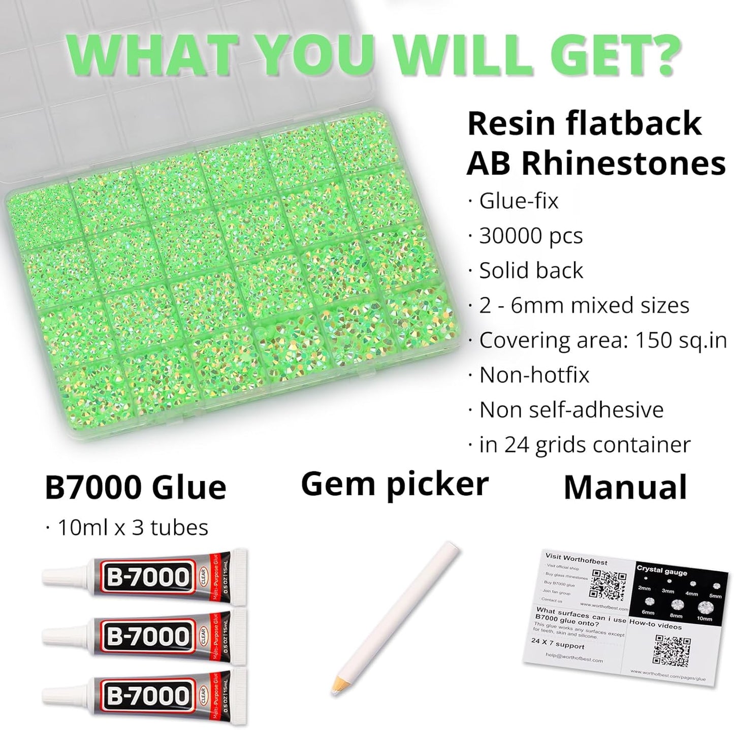 30000Pcs Resin Jelly Rhinestones Set for Crafting Bedazzling, Neon Lime Green AB Flatback Gems Jewels for Crafts Clothes Shoes Fabric Outfit Makeup, Flat Back Crystal 2-6mm with b 7000 Glue-FemmiqueWomen