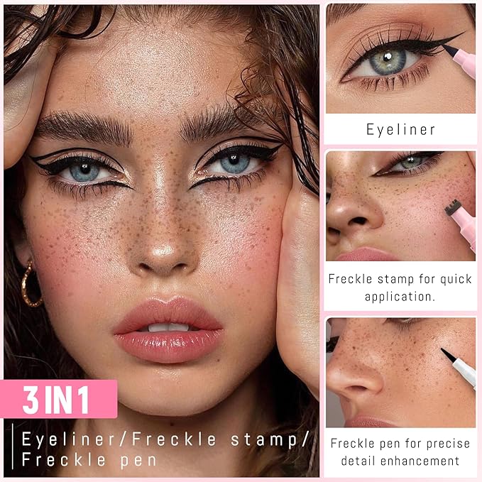 2pcs Freckle Stamp Pen with Eyeliner for Natural Lifelike Faux Freckle 2 in 1 Fake Freckles Stain Marker Pen for Waterproof Long Wear Sunkiss Makeup #Light Brown&Black-FemmiqueWomen