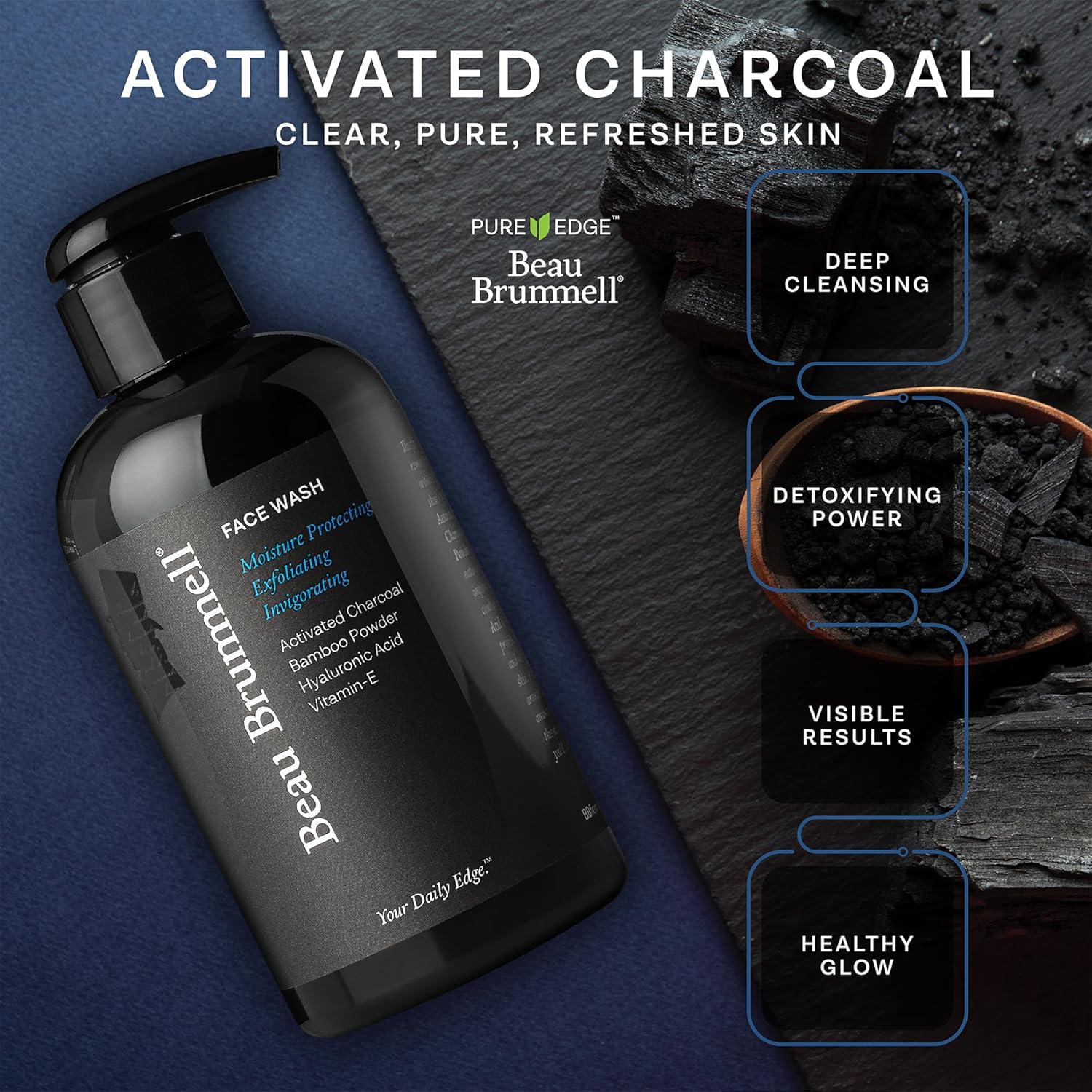 Beau Brummell for Men's Activated Charcoal Face Wash | Gentle Exfoliating Cleanser with Hyaluronic Acid, Bamboo Powder, Marine Plankton Extract, Vitamins A & E | 8 fl oz, Made in USA-FemmiqueWomen