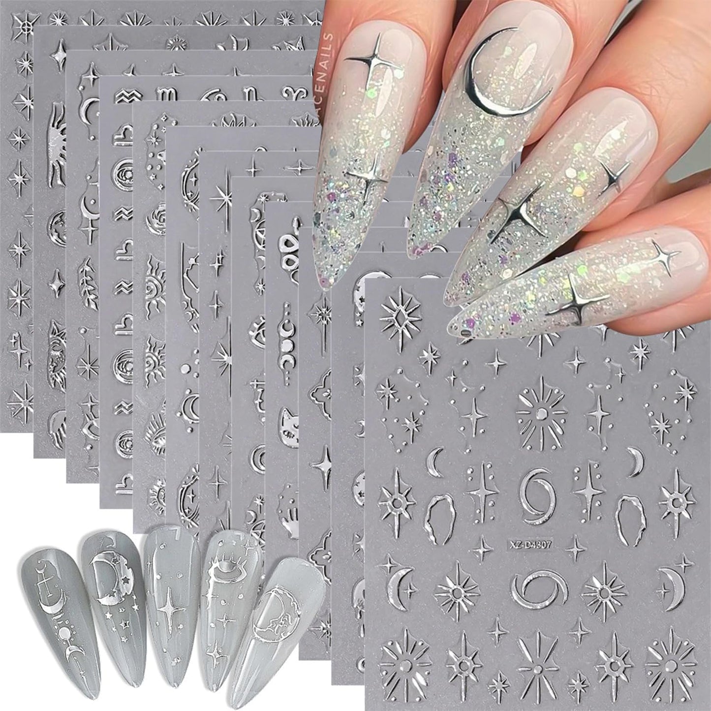 12 Sheets Silver Nail Art Stickers Decals Star Moon Nails Stickers for Nail Art Self-Adhesive Snake Nails Decal-FemmiqueWomen