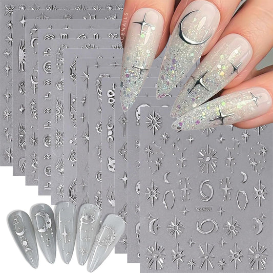 12 Sheets Silver Nail Art Stickers Decals Star Moon Nails Stickers for Nail Art Self-Adhesive Snake Nails Decal-FemmiqueWomen