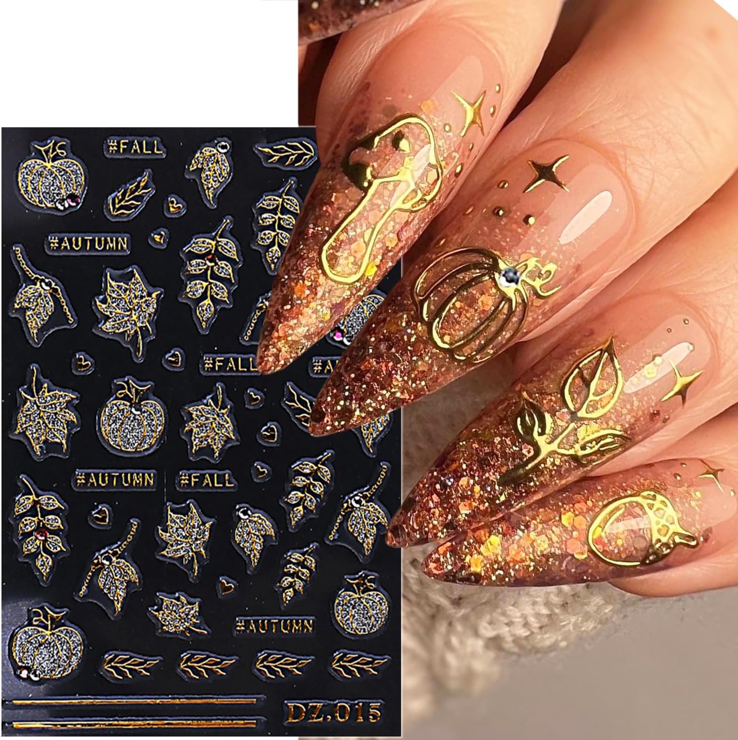 2 Sheets Fall Nail Stickers for Nail Art Glitter Gold Leaf Nail Art Stickers Embossed Autumn Pumpkin Nail Decals 5D Self-Adhesive Diamond Nail Design Sticker for Women Thanksgiving Nails Decoration-FemmiqueWomen
