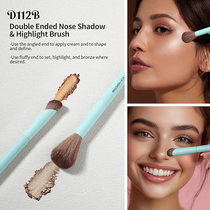 EIGSHOW Makeup Brush Set, 3Pcs Dual Ended Face Makeup Brushes for Foundation Powder Contour Highlight Concealer Nose Shadow, Travel Gift Set (Cyan)-FemmiqueWomen