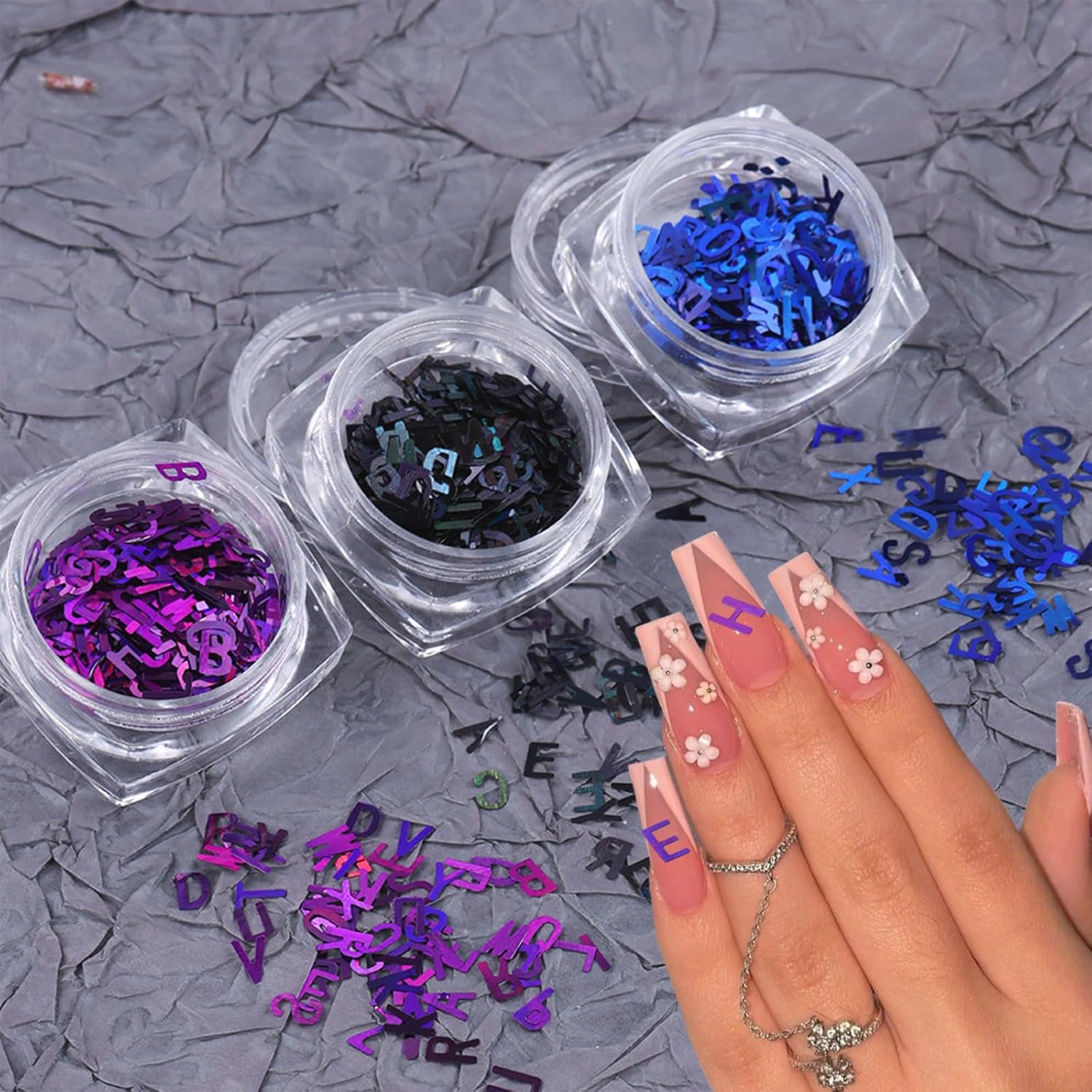 3 Colors Nail Art Glitters & Sequins - Black & Purple Letter Shaped Nail Sticker for Women's Manicure DIY-FemmiqueWomen