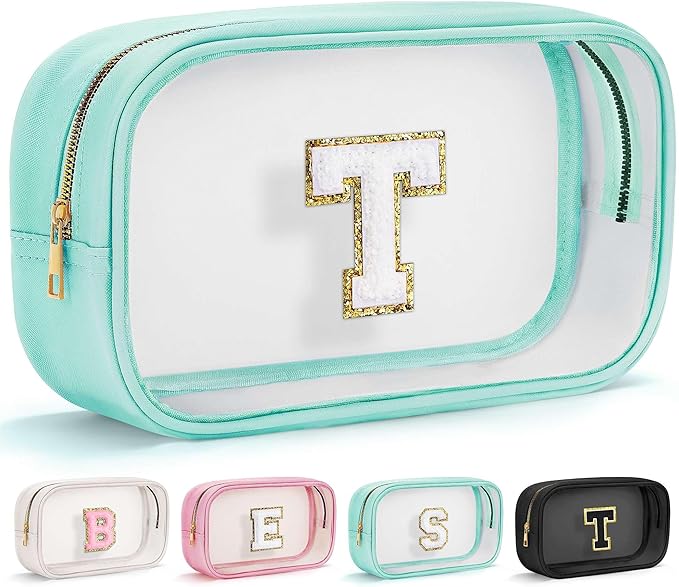 YOOLIFE Initial Make Up Bag Travel Toiletry Bag, Clear Makeup Bag Preppy Cosmetic Bags Organizer Travel Essentials Gifts for Women Teen Girlfriend Teacher Mom Birthday 12 Year Old Girl Gifts Blue T-FemmiqueWomen