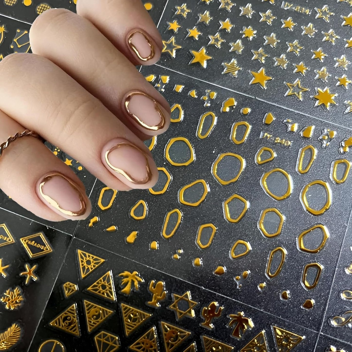 30 Sheets Gold Nail Art Stickers 3D Self-Adhesive Nail Decals Gold Line Star Nail Stickers for Acrylic Nails Gold Leaf Diamond Nail Supplies for Women-FemmiqueWomen