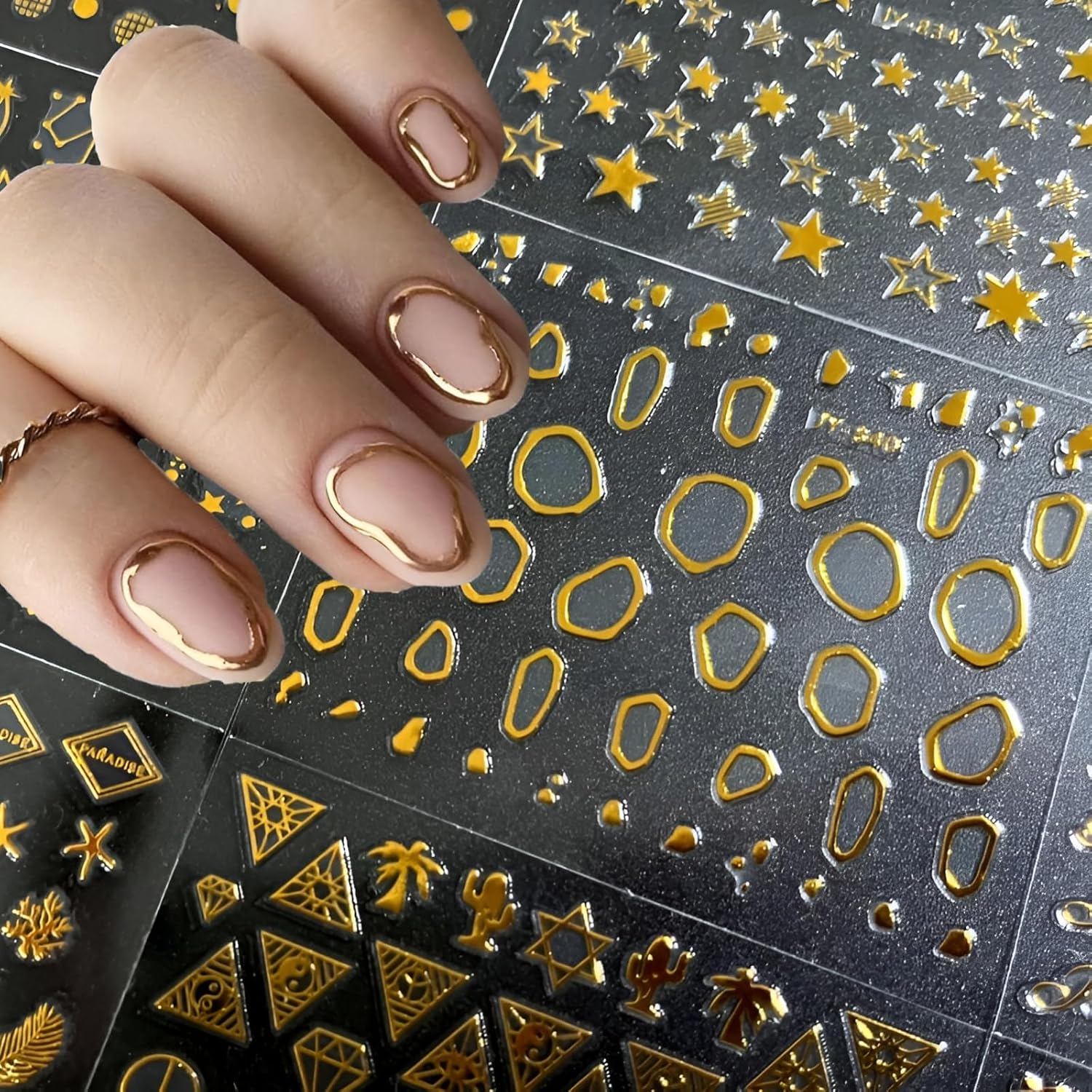 30 Sheets Gold Nail Art Stickers 3D Self-Adhesive Nail Decals Gold Line Star Nail Stickers for Acrylic Nails Gold Leaf Diamond Nail Supplies for Women-FemmiqueWomen