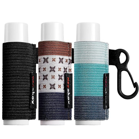 3PCS Lip Balm Holder Sleeves Chapstick Holder Keychain Lip Gloss Holder Keychain Elastic Sleeves (Black/light blue strip/dark blue strip)-FemmiqueWomen