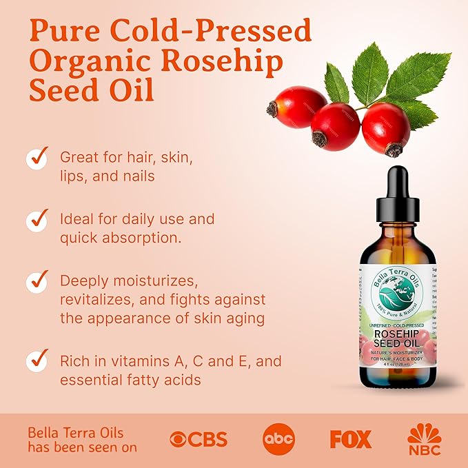 Bella Terra Oils - Organic Rosehip Facial Oil 8 oz - Dive into Organic Rosehip's Essential Fatty Acids & Antioxidants, Infused with Vitamin F, Elevate Daily Face Rituals-FemmiqueWomen