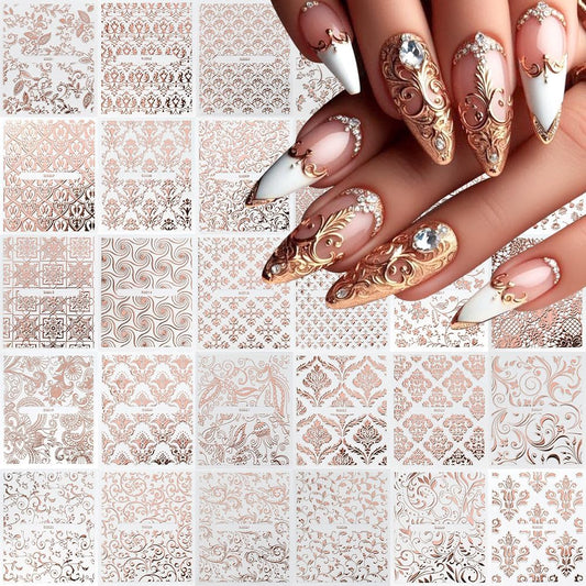 30 Sheets Rose Gold Lace Line Nail Stickers 3D Self Adhesive Nail Art Charms Sticker Decals for Crafts Supplies Accessories (ST-RG)-FemmiqueWomen