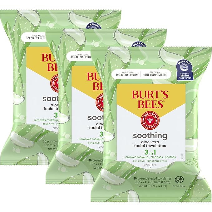 Burt's Bees Back To School Dorm Essentials, Aloe Vera Face Wipes, for Sensitive Skin, Soothing Makeup Remover & Facial Cleansing Towelettes, 30 Ct. (3-Pack)-FemmiqueWomen