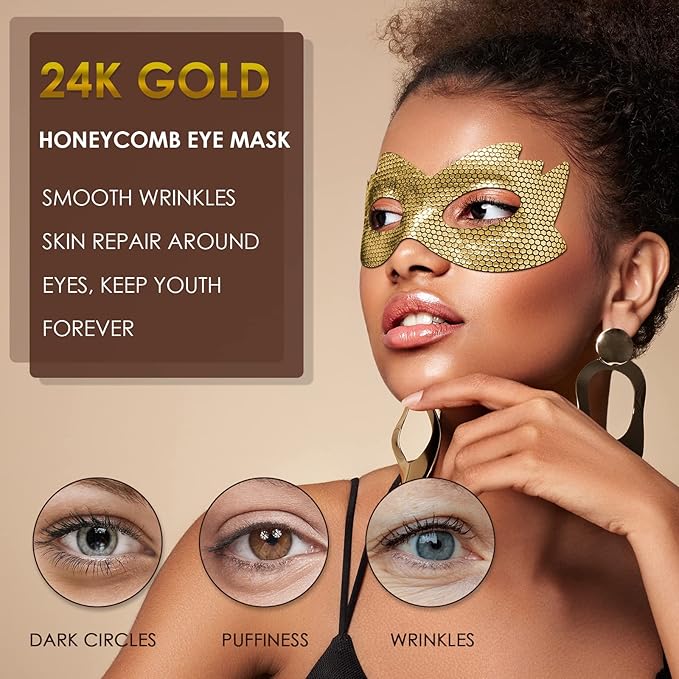 24k Gold Eye Masks, Under Eye Patches Honeycomb Eye Treatment Mask for Dark Circles and Puffiness, Eye Care Pads Skincare Reduce Puffy Wrinkles Eye Patch Gift for Adults Women Men Kids Girls -8 PCS-FemmiqueWomen