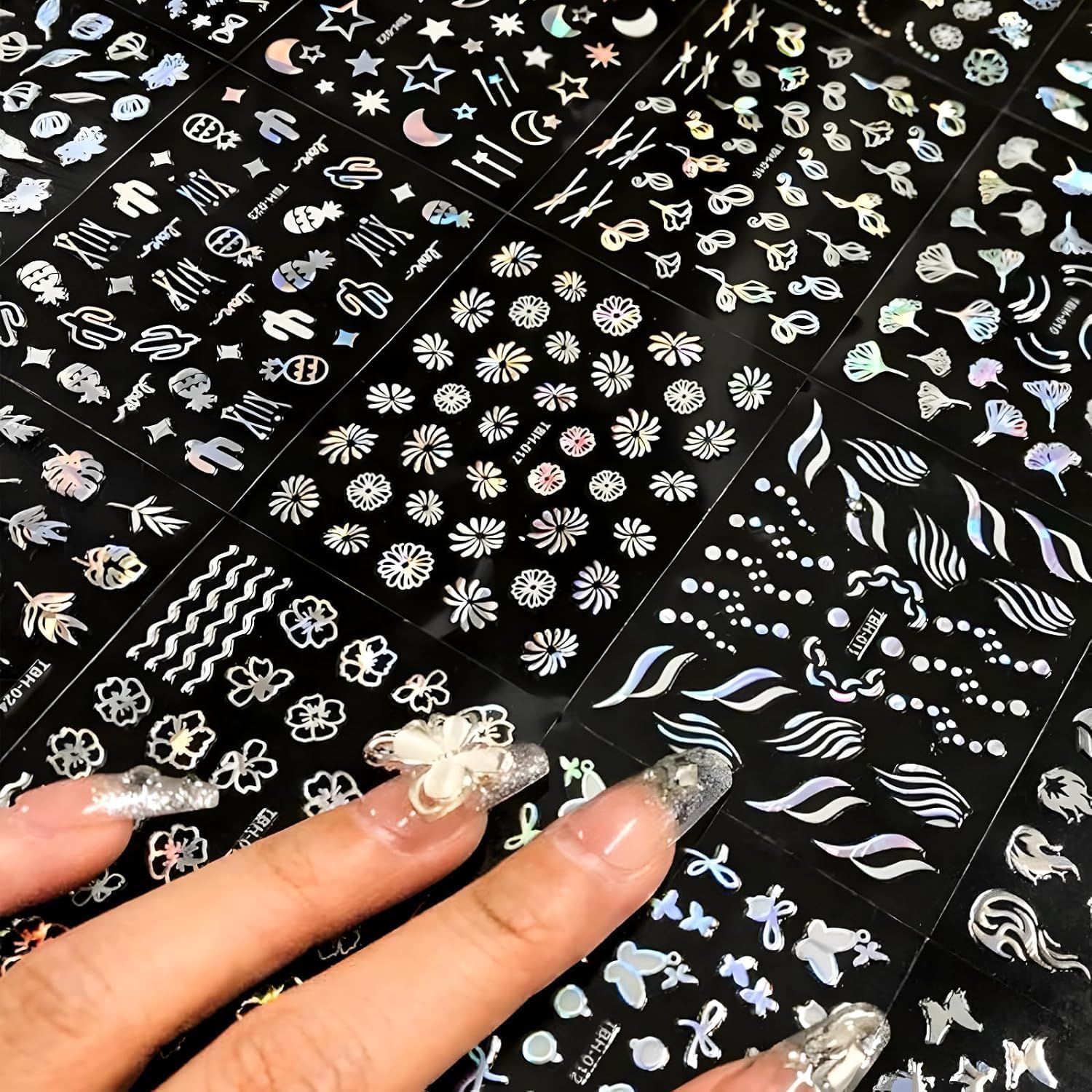 30 Sheets Aurora Nail Art Stickers Heart Star Nail Decals 3D Self-Adhesive Holographic Laser Star Nail Stickers Glitter Flower Butterfly Pattern Acrylic Design for Women Girls DIY Nail Art Decoration-FemmiqueWomen