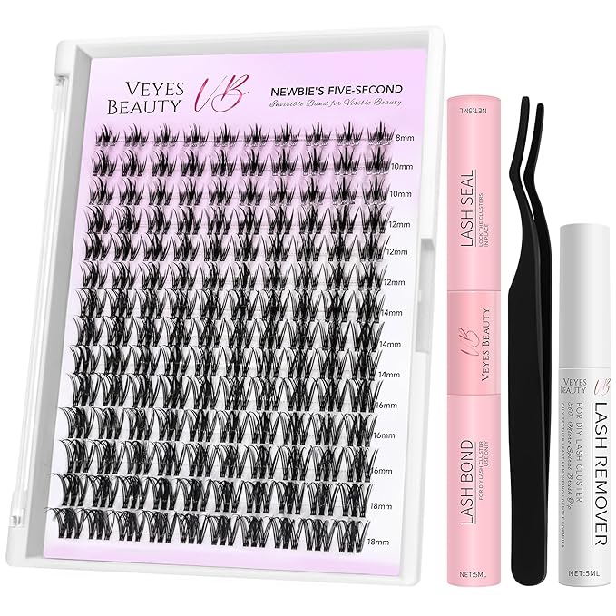 VEYESBEAUTY Lash Clusters Kit Eyelash Extensions Thin & Invisible Band Individual False Eyelashes Newbie's Five-Second Series Wispy Lash Tray for Self-application, Camellia Lashes 8-18mm Mixed Length-FemmiqueWomen