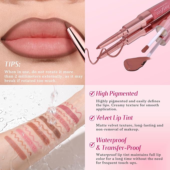 2-IN-1 Lip Liner and Lip Stain, High Pigmented Long Lasting Velvet Lip Tint, Well-Defined Lipliner, Weightless Waterproof Not Animal Tested, Matte Finish Makeup-FemmiqueWomen