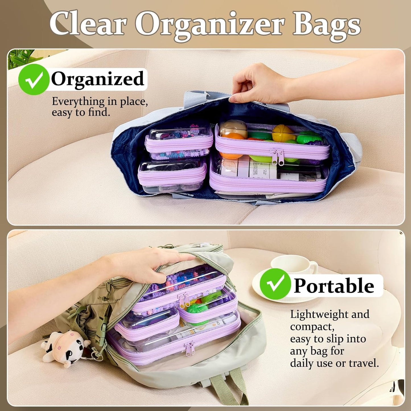 4 pcs Clear Zipper Pouches,Hard Shell Zipper Case, Toiletry Bag for Travel, CLear Diaper Bag, Toiletry Pouch, Travel Organizer, Clear Cosmetic Bag,Toy Storage Bins (M+3S) (Lavender)-FemmiqueWomen