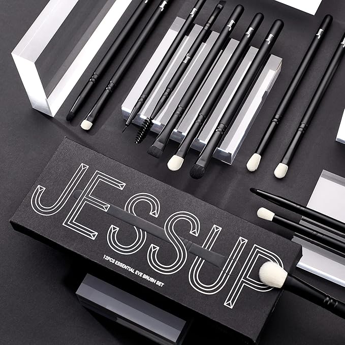 Jessup Eyeshadow Brush Set 12pcs Black Eye Makeup Brushes Set Professional with Natural Synthetic Hair for Eyebrow Eyelash Eyeliner Spoolie Blending, T322-FemmiqueWomen