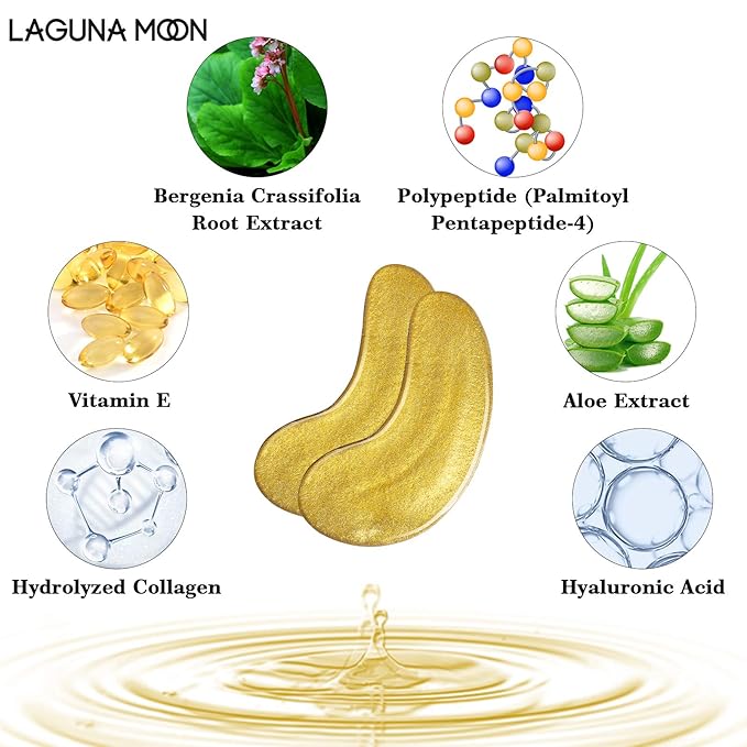 24K Gold Eye Mask, Anti-Aging Hydrolyzed Collagen and Hyaluronic Acid Under Eye Patches for Puffy Eyes & Bags, Dark Circles and Wrinkles, 16 pairs-FemmiqueWomen