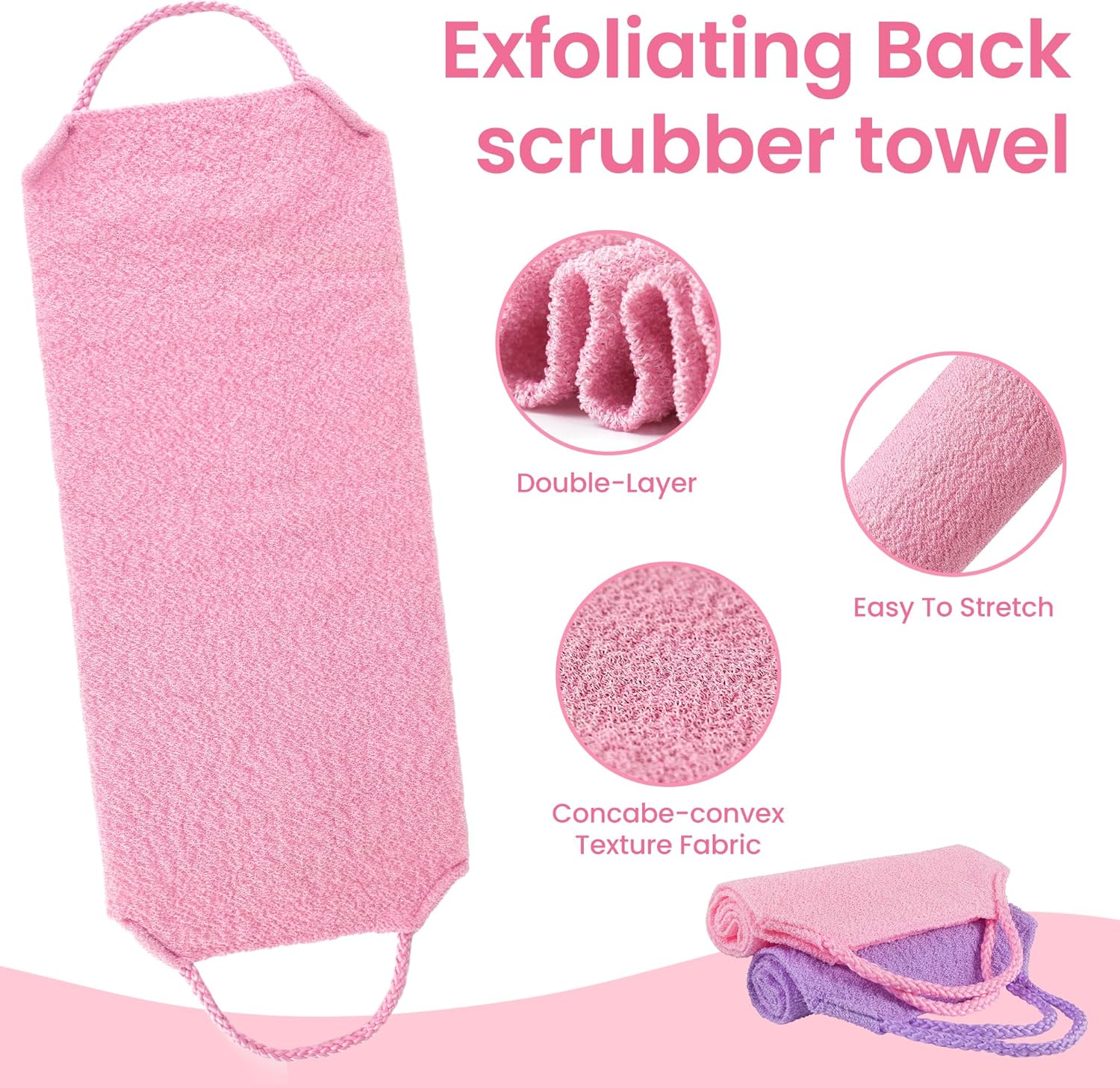 3 Pcs Double-Sided Back Exfoliator Body Scrub Towel, Exfoliating Back Scrubber with Handles,Exfoliating Washcloth Bath Tool in Shower, Stretchable Back Washer to Deep Cleans Skin (Pink)-FemmiqueWomen