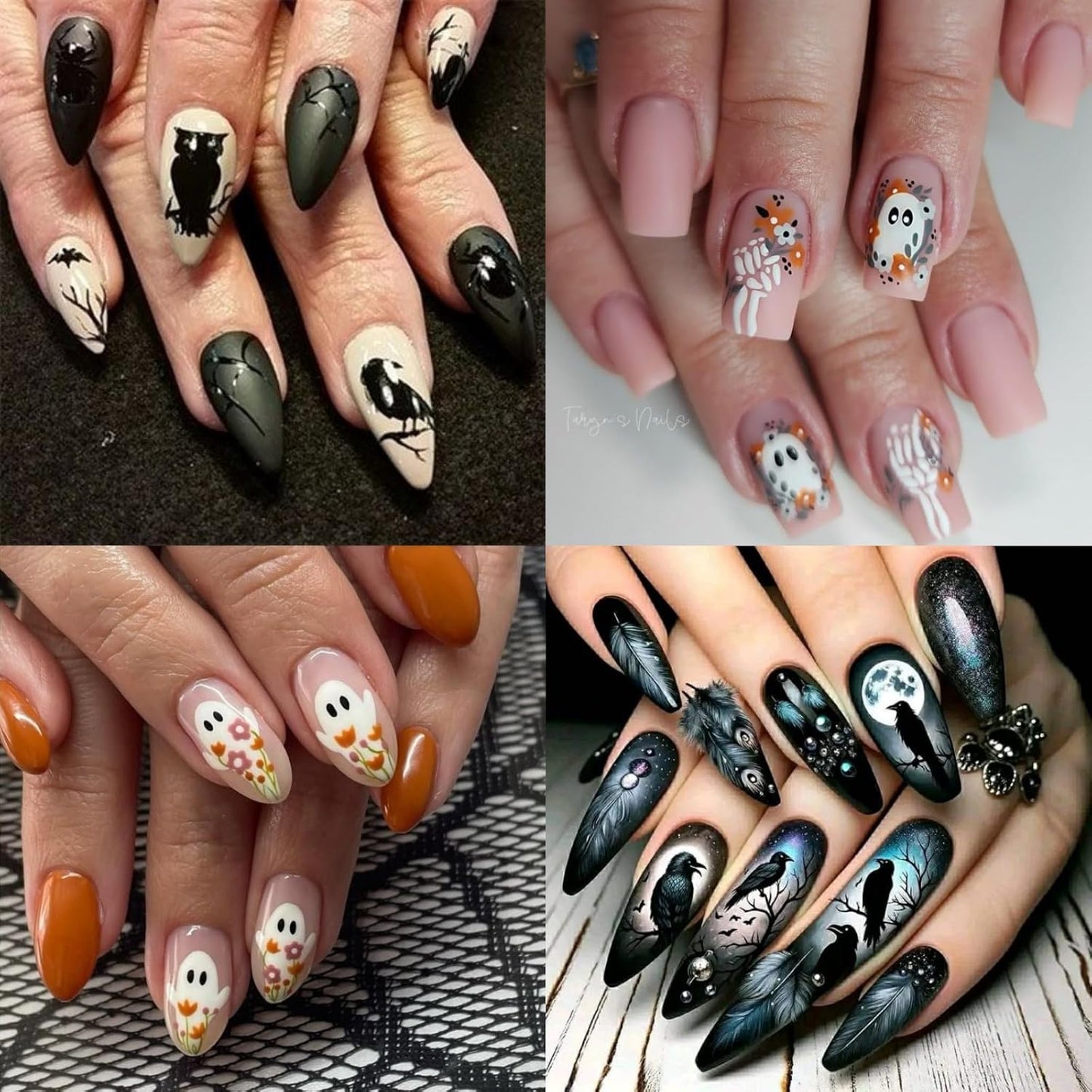 2 Sheets Halloween Nail Art Stickers Decals 5D Embossed Skeleton Rose Nail Decals Black Birds White Ghost Flower Skull Rose Design Halloween Nail Stickers Manicure Accessories for Women Nail Art Decor-FemmiqueWomen
