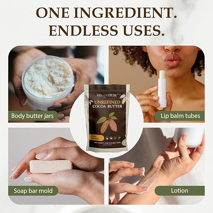 Era of Nature Cocoa Butter Raw – 100% Pure & Unrefined, Cold-Pressed Cacao – For DIY Skincare & Haircare – Deep Hydration for Skin, Hair, Lips – Stretch Mark & Scar Care – Natural Chocolate Scent, 8oz-FemmiqueWomen