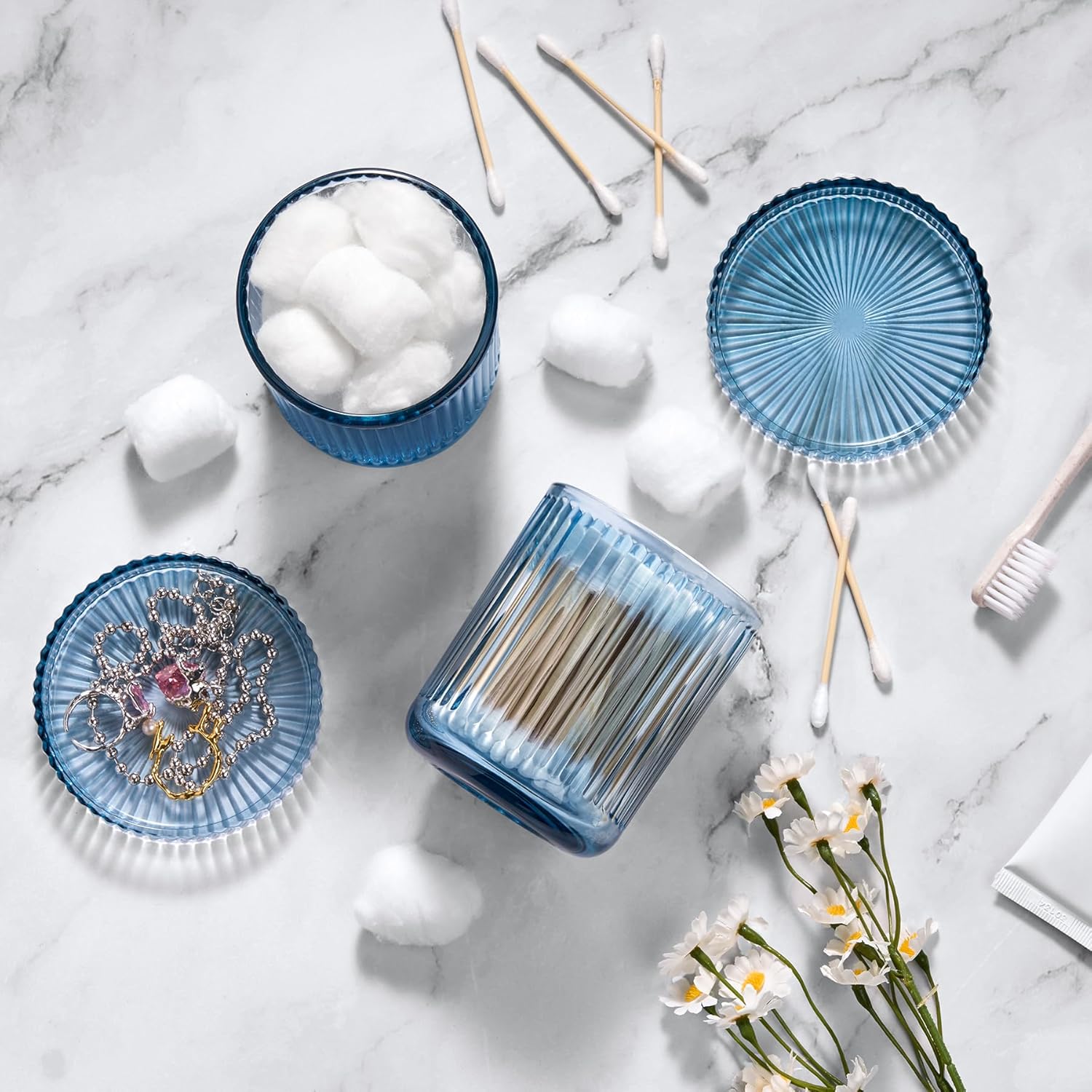 2 Pack Qtip Holders for Bathroom, Clear Glass Apothecary Jars with Lids,Vintage Bathroom Canisters for Cotton Balls,Swabs,Floss Picks,Hair Ties,Vanity Organizer and Storage Decor (Blue)-FemmiqueWomen