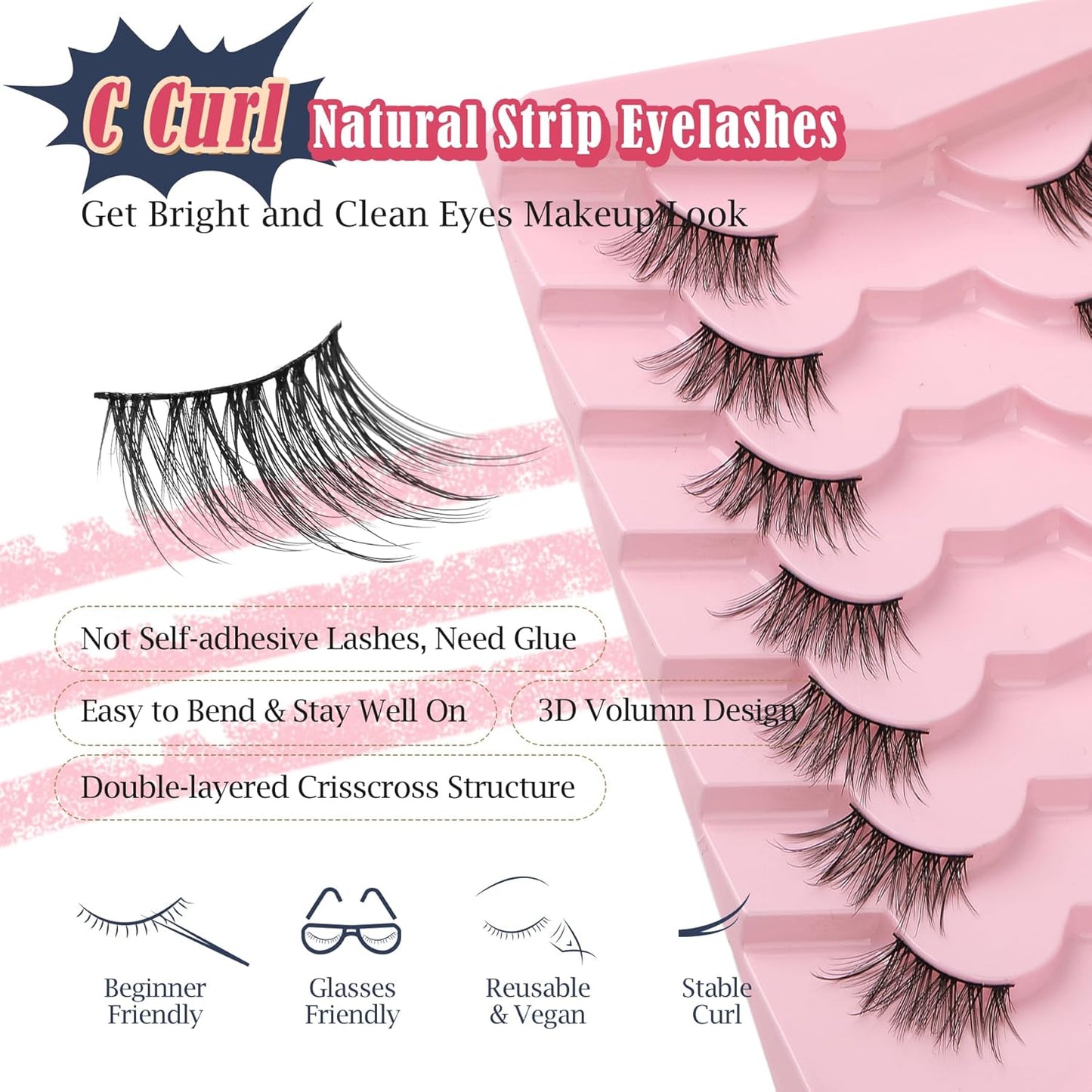 Half Lashes Cat Eye False Eyelashes Natural Look 14MM Natural Corner Lashes Wispy Half Eyelashes 3/4 Lash with Thin Cotton Band C Curl Soft Eyelash Siligli 7 Pair-FemmiqueWomen