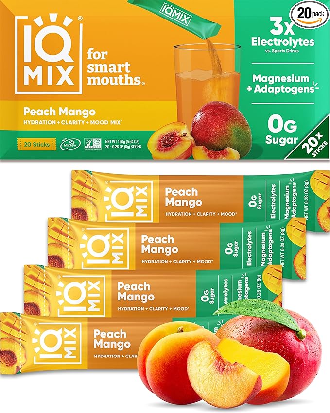 IQMIX Hydration Electrolyte Powder – 4-in-1 Formula for Hydration, Mental Clarity, Mood and Recovery – Sugar-Free Drink Mix, Keto, Magnesium L-Threonate, Lion’s Mane – 20 Count Peach Mango-FemmiqueWomen