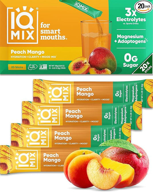 IQMIX Hydration Electrolyte Powder – 4-in-1 Formula for Hydration, Mental Clarity, Mood and Recovery – Sugar-Free Drink Mix, Keto, Magnesium L-Threonate, Lion’s Mane – 20 Count Peach Mango-FemmiqueWomen