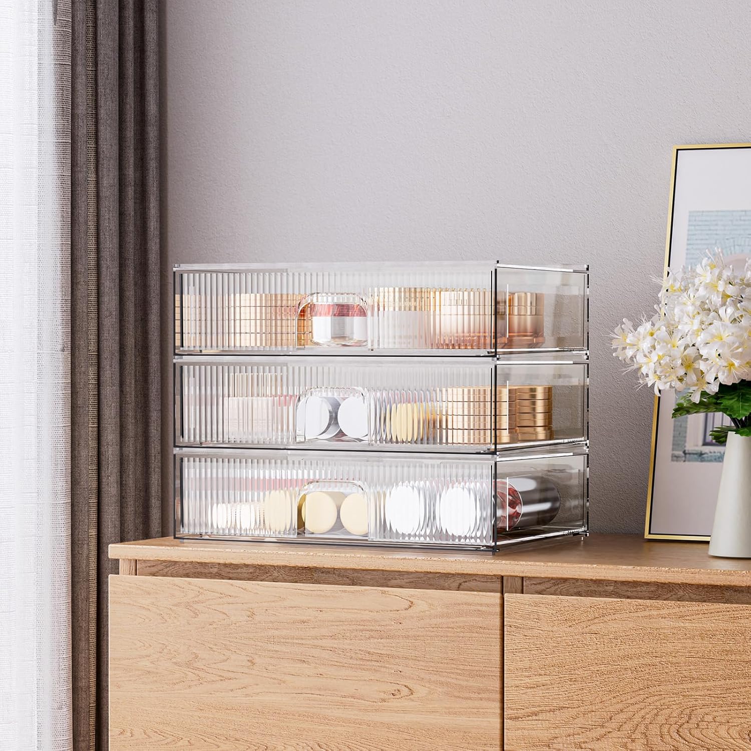 ZHIAI Stackable Storage Drawer, 3 Piece Acrylic Organiser for Cosmetics and Beauty Products, Suitable for Dressers, Bathrooms, Cabinets, Storage Rooms, Bedrooms and Home Organisers-FemmiqueWomen