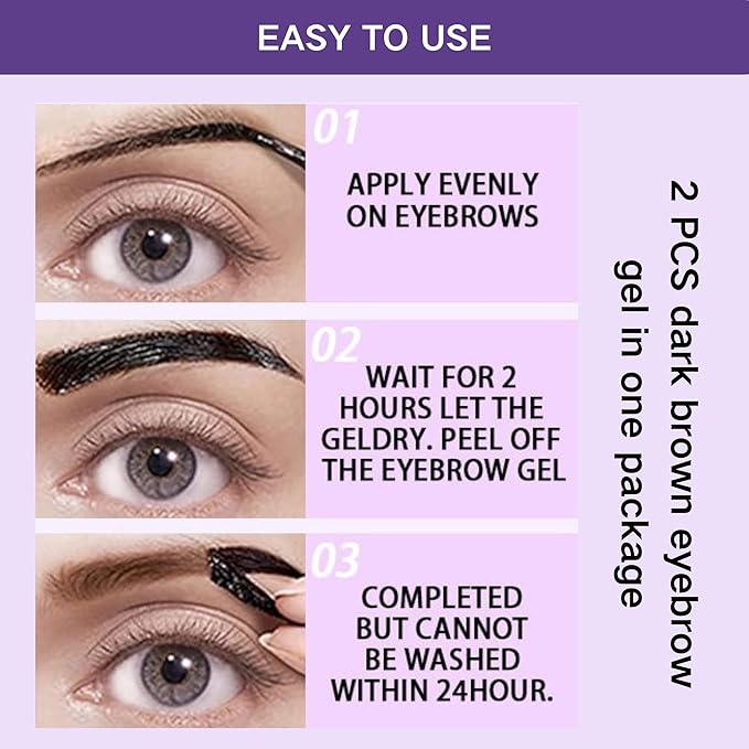 2 Pcs Dark Brown Easy Peel Off Eyebrow Gel, Tattoo Eyebrow Tint, Waterproof & Sweatproof Peel Off Tinted Eyebrow, Long-lasting Natural Color Up to 3 Days, Eyebrow Tattoo for All Skin Types (#01)-FemmiqueWomen