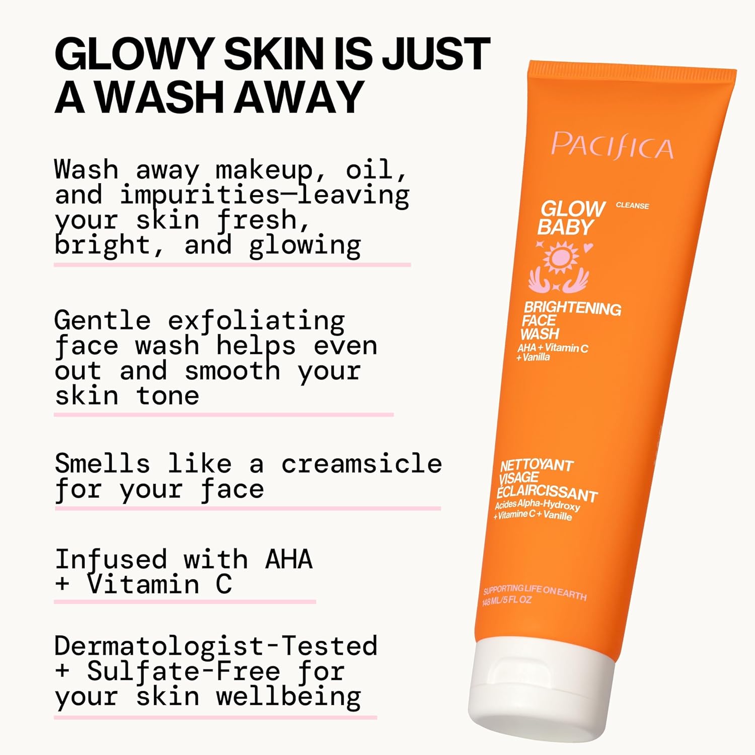 Pacifica Glow Baby Brightening Facial Cleanser 5oz – Vitamin C & Glycolic Acid (AHA) Face Wash for Radiance – Daily Cleanser for Anti-Aging Exfoliating for Smooth, Even Glowing Skin Vegan Clean Beauty-FemmiqueWomen