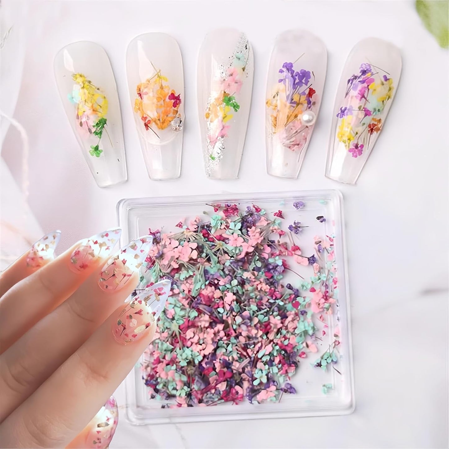 1Box Dried Flowers Nail Art Stickers 12 Colors Dry Flowers Mini Real Natural Flowers Nail Decals 3D Gypsophila Floral Nail Sticker for Women Manicure Decoration Makeup DIY Accessories-FemmiqueWomen