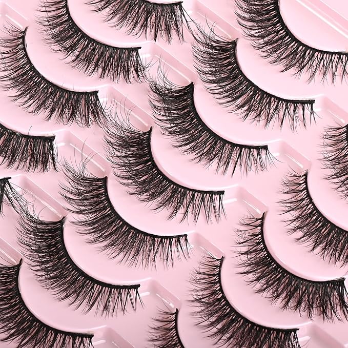 FARRED Cat Eye Lashes Short Natural Eyelashes Fluffy Wispy Lashes 14 Pairs False Lash Wispy Volume Fake Eyelash Faux Mink Strip Lashes Pack for Daily Makeup (F13 | 7-14 mm)-FemmiqueWomen