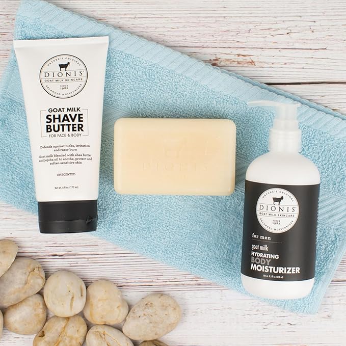 Dionis Goat Milk Skincare Men's Unscented Bath & Body 3pc Gift Set - Blended Shea Butter & Jojoba Oil Shave Butter For Sensitive Skin, Unscented Hydrating Moisturizer & Nourishing Bar Soap For Men-FemmiqueWomen