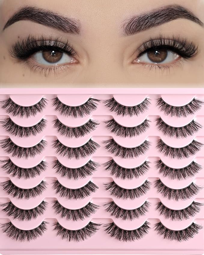 FARRED Cat Eye Lashes False Eyelashes Short Wispy Lash Strips Volume Eyelash 14 Pairs Cateye Medium Length False Clear Band Lashes Natural Looking Hybrid Clusters Full Strip Lashes (F25 | 8-14mm)-FemmiqueWomen