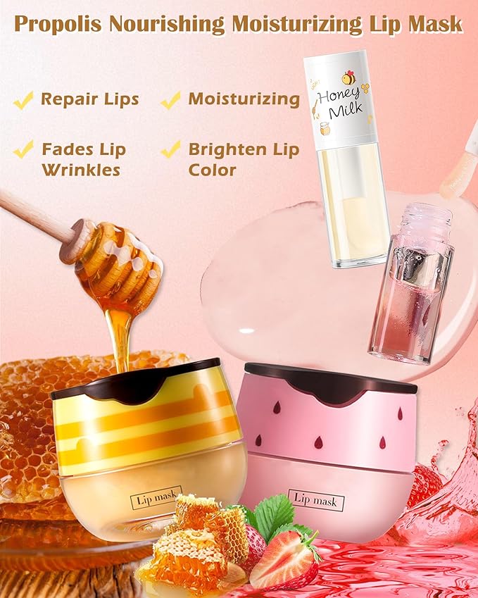 2Pcs Bee Lip Balm Honey Pot Lip Mask & Lip Glowy Oil Lip Care Set, Propolis Moisturize & Nourish Lip Gloss Repair Treatment, Reduce Lip Line & Protect & Plump Dry Cracked Lip Scrub Exfoliator -Set A-FemmiqueWomen
