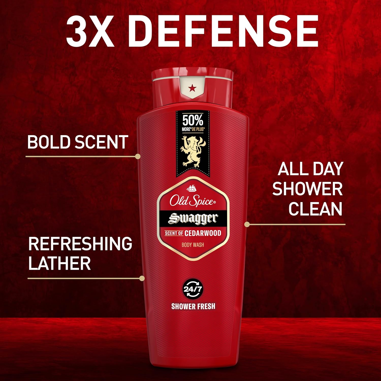 Old Spice Refreshing Body Wash for Men, 3X Defense, 24/7 Shower Fresh with Long Lasting Scent, Red Collection, Swagger with Cedarwood Scent, 24 oz (Pack of 4)-FemmiqueWomen