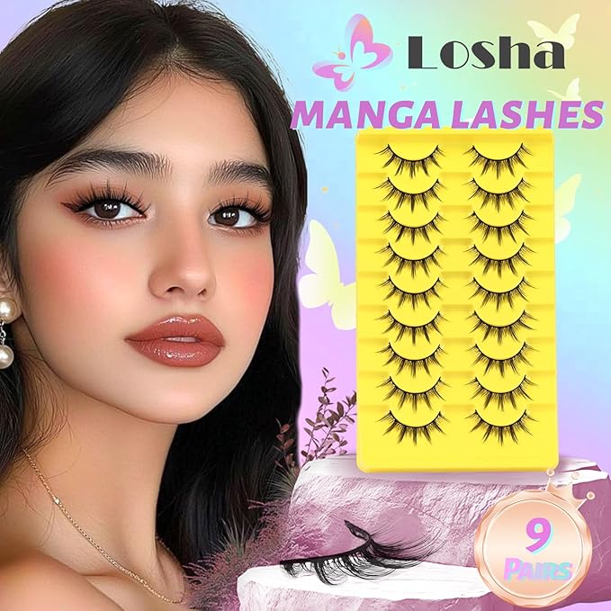Losha Lashes Wispy Manga Lashes Natural False Eyelashes 9 Pairs Thin Eye Lashes Pack Soft Anime Fake Eyelashes (Manga)-FemmiqueWomen