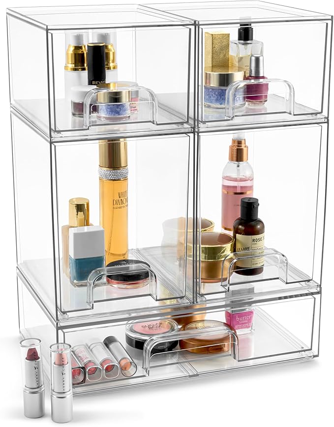 Sorbus Acrylic Storage Containers - 5 Pack, Stackable Storage Bins Set for Bathroom Organization - Clear Acrylic Drawer Organizers - Makeup Case Pull-Out Drawers (7.6’’ and 4.4’’ Tall and 12.1’’ Wide)-FemmiqueWomen